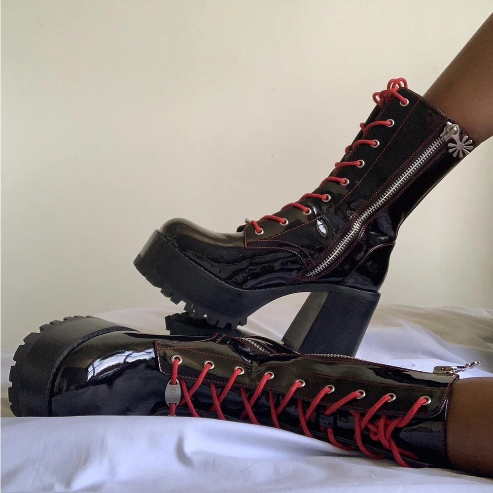 Dolls Kill Black and Red Lace Up Boots